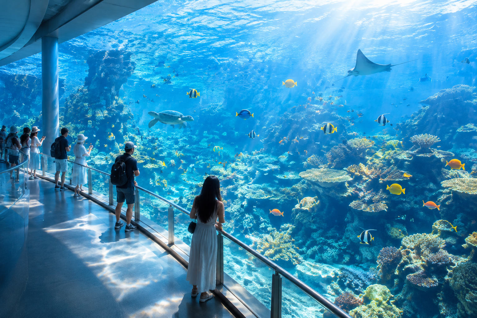 A sunlit ocean-view tank with tropical reef fish seen from an elevated walkway