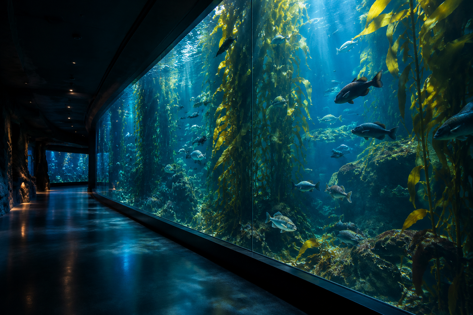 Dim aquarium corridor with a floor-to-ceiling tank full of kelp and fish