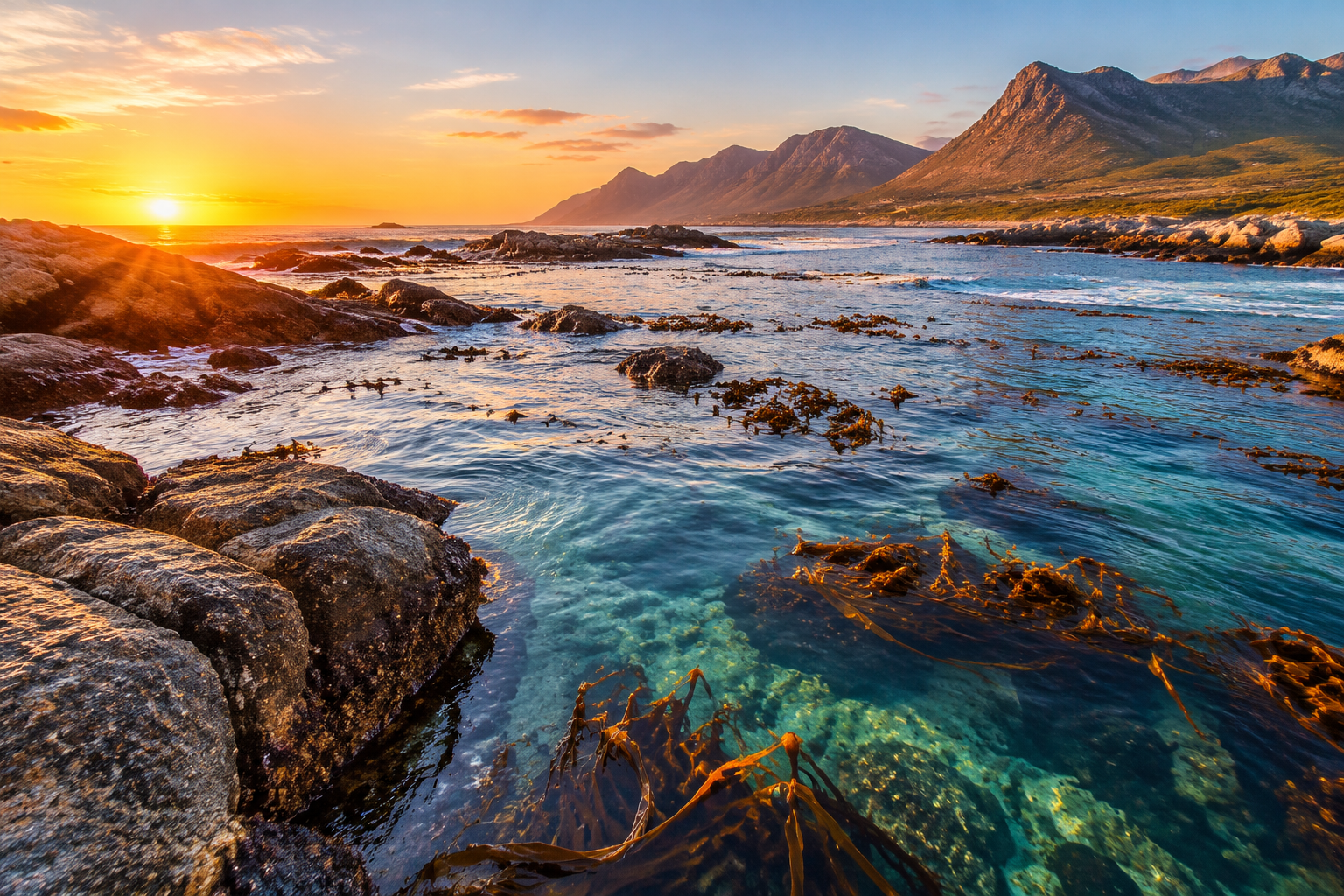 Rocky South African coastline at sunrise with kelp beds in clear water