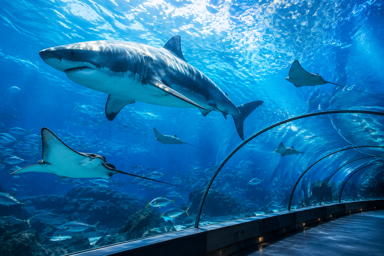 Sharks and rays gliding through a large blue tank seen through a curved glass tunnel