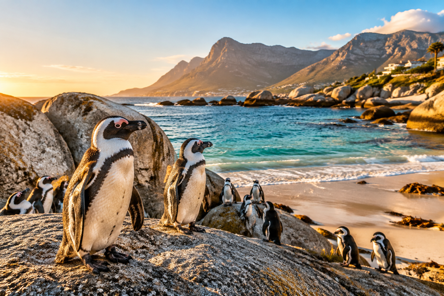 African penguins standing on granite boulders beside a sandy bay