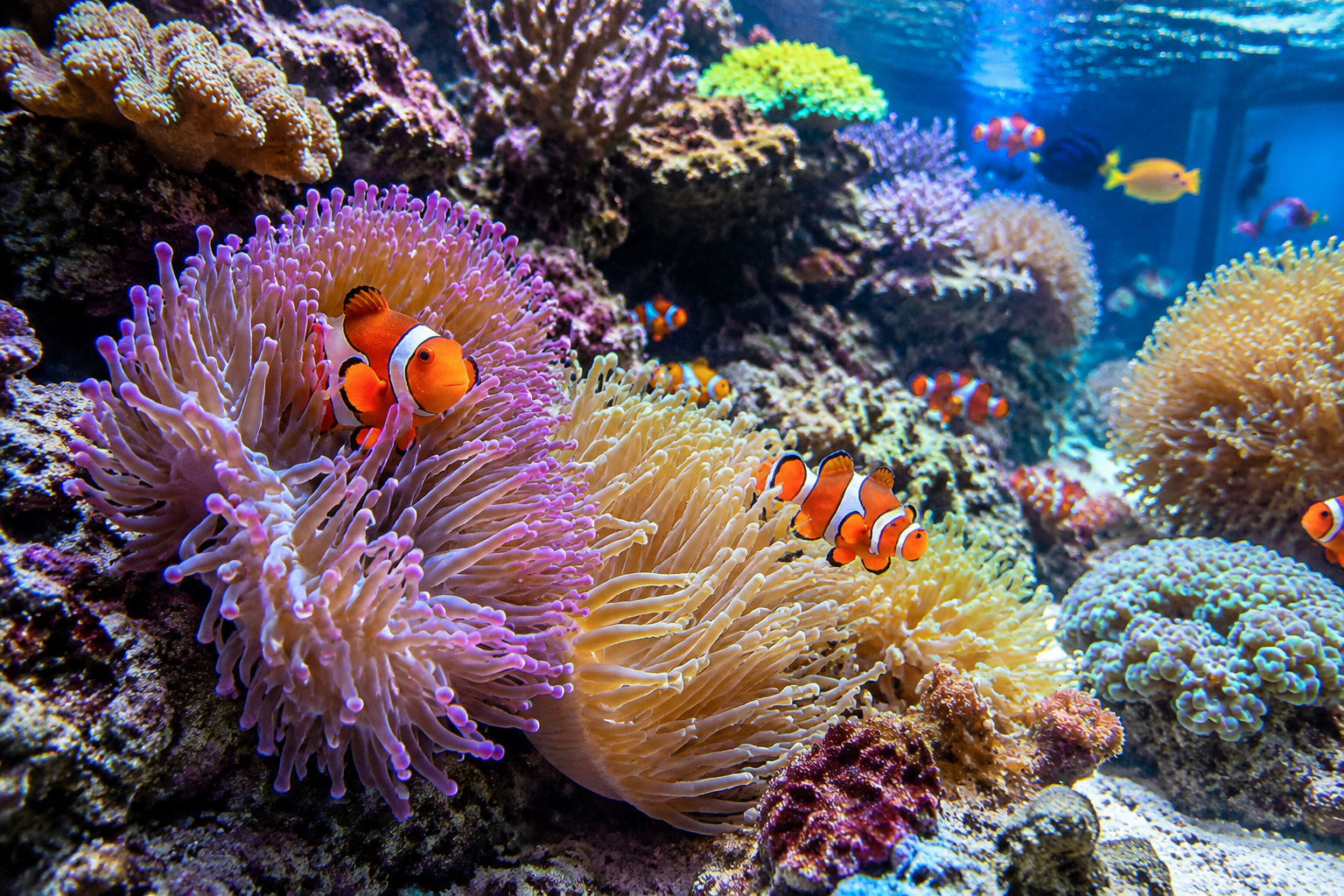 Coral reef display with colourful anemones and clownfish