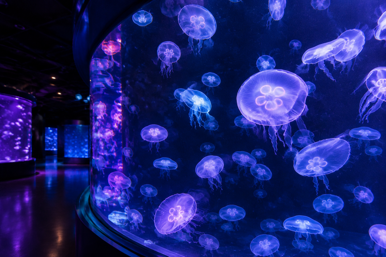 Glowing moon jellyfish drifting in a dark gallery with purple and blue backlight