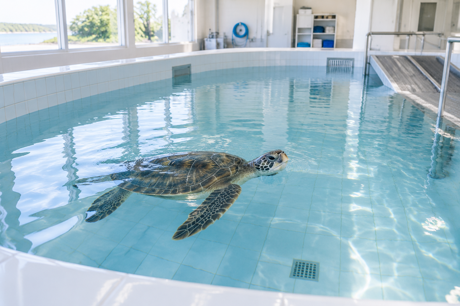 Rehabilitation pool for a sea turtle in a clean marine care centre