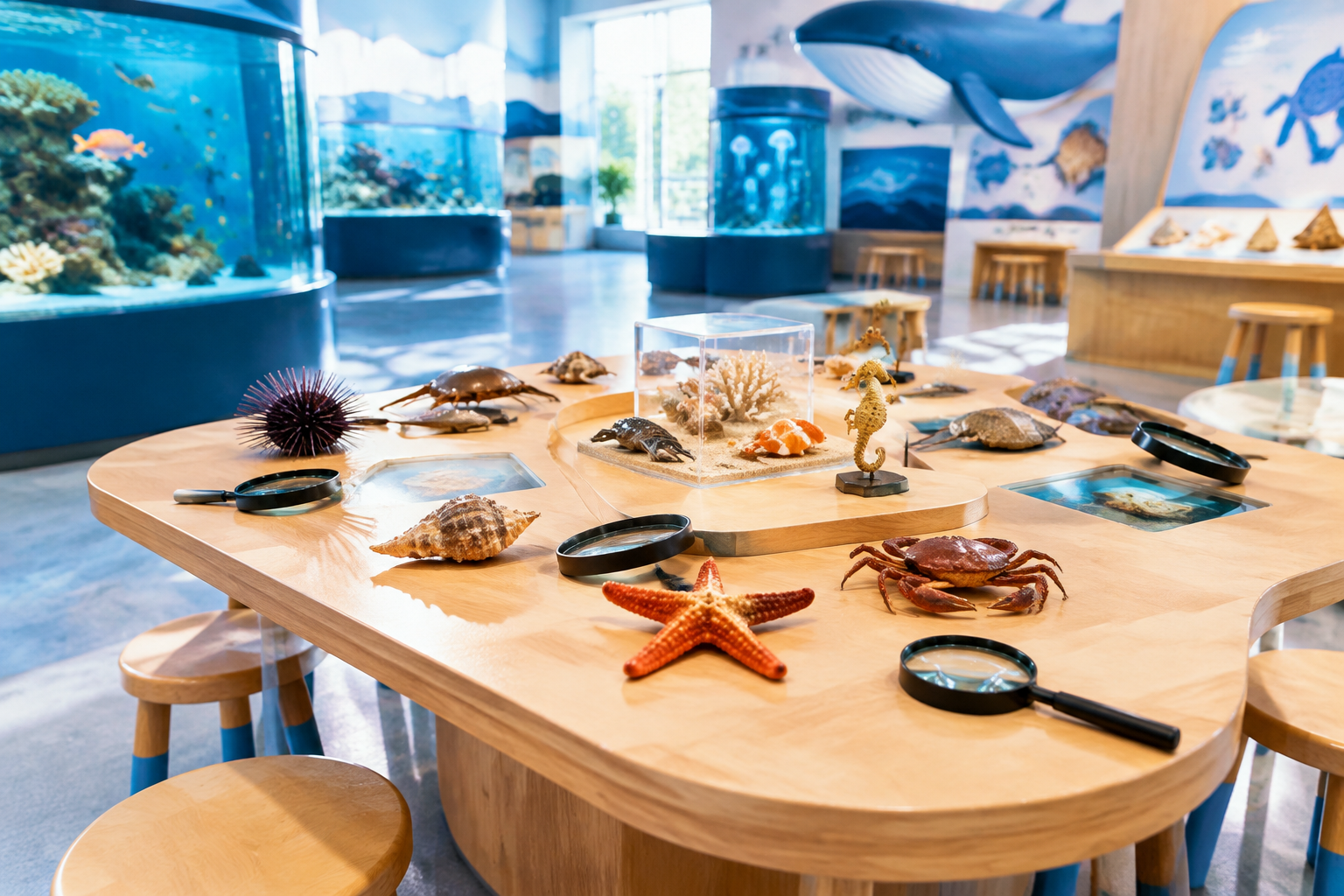 Interactive aquarium exhibit with sea creature models and a magnifying glass on a wooden table