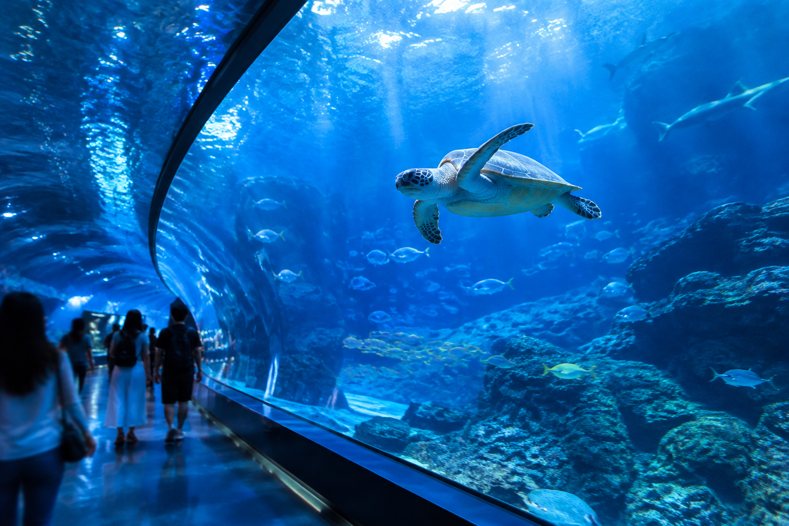 Visitors walking past a curved tank window with a sea turtle gliding inside